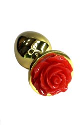 Золотая анальная пробка с ограничителем в форме красной розы, размер S, Kanikule
