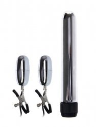 Набор для пар NippleClamps: классический вибратор и зажимы для сосков с вибрацией – серебристый с черным