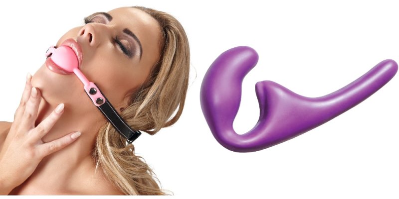 

Фиолетовый безремневой анальный страпон «Natural Seduction» и Кляп с фиксацией на голове Bad Kitty «Knebel», Фиолетовый;розовый