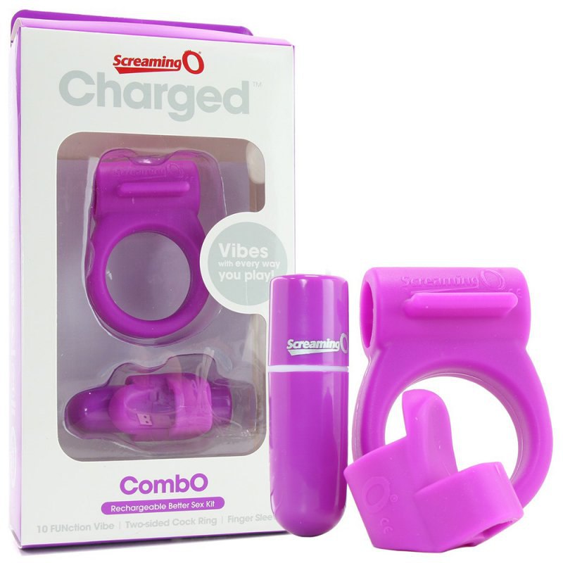 Набор Screaming O Charged Combo: эрекционное кольцо, насадка на палец и вибропуля – фиолетовый