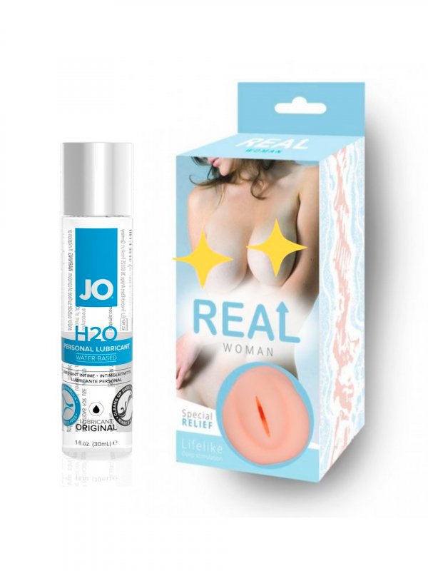 Мужской набор: Реалистичный мастурбатор вагина Real Woman Азиатка – телесный 14,5 см. и Лубрикант на водной основе JO H2O Original 30 мл