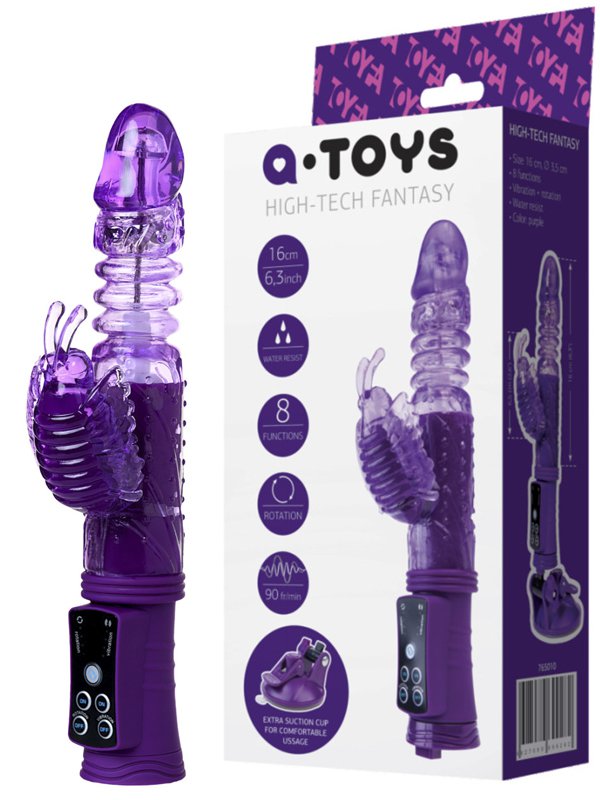 Toyfa Вибратор с ротацией, поступательными движениями и клиторальным стимулятором бабочкой TOYFA A-Toys – фиолетовый