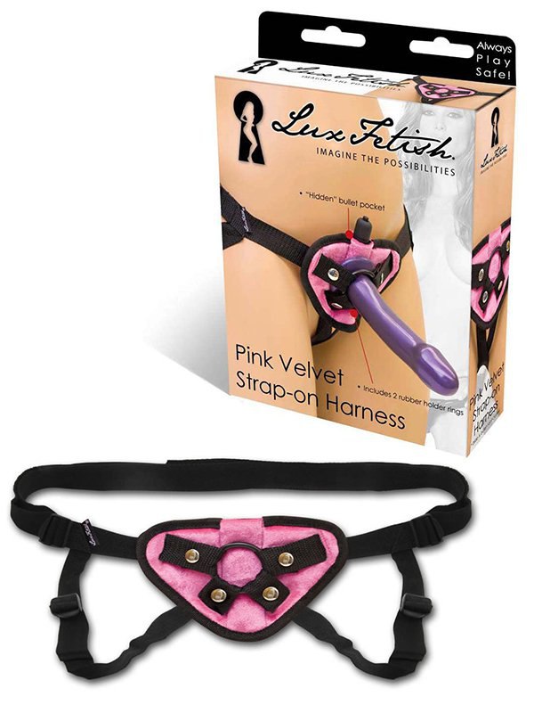 Lux Fetish Плюшевые трусики для страпона Pink Velvet Strap-on Harness – розовый с черным