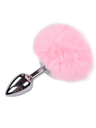 Металлическая анальная пробка Alive Metal Anal Fluffly Plug, розовый заячий хвост, 7 см, диаметр 3,2 см, серебристый