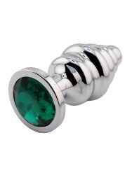Серебряная ребристая анальная пробка темно-зеленым кристаллом (Medium)