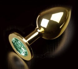 Большая анальная пробка 252 Large Gold Emerald с кристаллом – золотой с зеленым