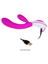 Изогнутый вибратор-кролик G-spot, 7 режимов, 22 см, силикон, розовый с белым