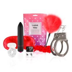 Набор для пар LoveBoxxx - I Love You в комплекте с наручниками, щекоталкой с пером, пластиковым кубиком, кольцом на пенис, маской на глаза