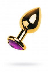 Металлическая анальная втулка TOYFA Metal с кристаллом цвета аметиста в форме сердца - золотистый с фиолетовым