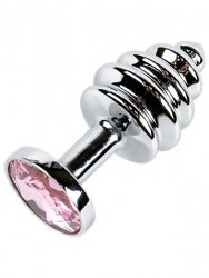 Анальная пробка Plug Silver Small ребристая c кристаллом – серебристый/розовый
