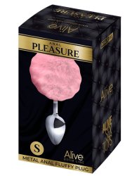 Металлическая анальная пробка Alive Metal Anal Fluffly Plug, розовый заячий хвост, 7 см, диаметр 3,2 см, серебристый