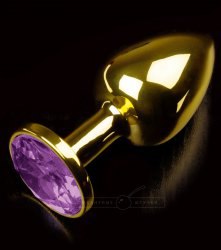Маленькая анальная пробка 252 Small Gold Purple с кристаллом – золотой с фиолетовым