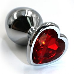 Средняя алюминиевая анальная пробка Kanikule Medium с кристаллом в форме сердца – серебристый с красным