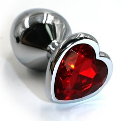 Маленькая алюминиевая анальная пробка Kanikule Small с кристаллом в форме сердца – серебристый с красным