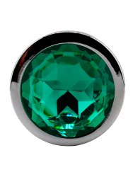 Серебряная ребристая анальная пробка темно-зеленым кристаллом (Medium)