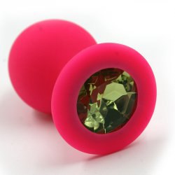 Средняя силиконовая анальная пробка Kanikule Medium с кристаллом – розовый с зеленым