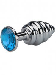 Анальная пробка Plug Silver Small ребристая c кристаллом – серебристый/голубой