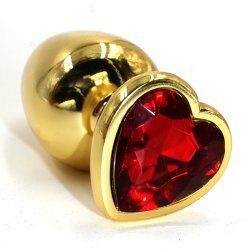Большая алюминиевая анальная пробка Kanikule Large с кристаллом в виде сердца – золотистый с красным