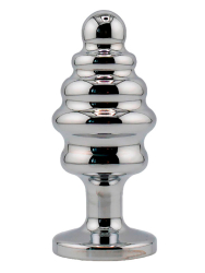 Серебряная ребристая анальная пробка темно-зеленым кристаллом (Medium)