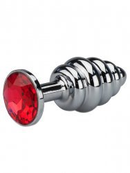 Анальная пробка Plug Silver Small ребристая c кристаллом – серебристый/красный