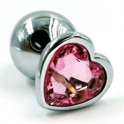 Маленькая алюминиевая анальная пробка Kanikule Small с кристаллом в форме сердца – серебристый со светло-розовым