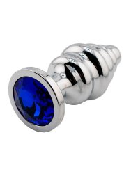 Серебряная ребристая анальная пробка с темно-синим кристаллом (Medium)
