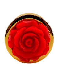 Золотая анальная пробка с ограничителем в форме красной розы, размер M, Kanikule
