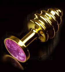 Маленькая витая анальная пробка 605 Small Gold Purple с кристаллом – золотой с фиолетовым