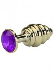Маленькая анальная пробка Plug Gold ребристая с кристаллом – золотистый/фиолетовый