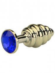 Маленькая анальная пробка Plug Gold ребристая с кристаллом – золотистый/синий