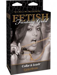 Ошейник с поводком Fetish Fantasy Gold черный с золотом