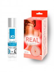 Мужской набор: Реалистичный мастурбатор вагина Real Woman Рыжая – телесный 14.5 см. и Лубрикант на водной основе JO H2O Original – 30 мл