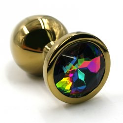 Маленькая алюминиевая анальная пробка Kanikule Small с кристаллом – золотистый с разноцветным