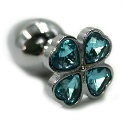 Маленькая алюминиевая анальная пробка Kanikule Small с кристаллом в форме четырехлистного клевера – серебристый с голубым