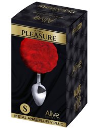 Металлическая анальная пробка Alive Metal Anal Fluffly Plug, красный заячий хвост, 7 см, диаметр 3,2 см, серебристый