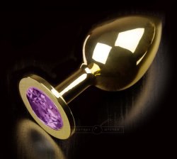 Большая анальная пробка 252 Large Gold Purple с кристаллом – золотой с фиолетовым