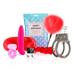 Вибромассажер LoveBoxxx - Congratulations в комплекте с наручниками, щекоталкой с пером, пластиковым кубиком, кольцом на пенис, маской на глаза