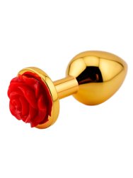Золотая анальная пробка с ограничителем в форме красной розы, размер M, Kanikule