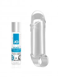 Набор для пар: Увеличивающая насадка закрытого типа с кольцом для фиксации на мошонке No.35 - Stretchy Thick Penis Extension и Лубрикант на водной основе JO H2O Original – 30 мл