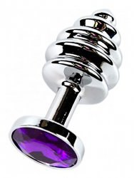 Анальная пробка Plug Silver Small ребристая c кристаллом – серебристый/фиолетовый