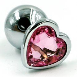Средняя алюминиевая анальная пробка Kanikule Medium с кристаллом в форме сердца – серебристый со светло-розовым