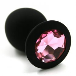 Средняя силиконовая анальная пробка Kanikule Medium с кристаллом – черный со светло розовым