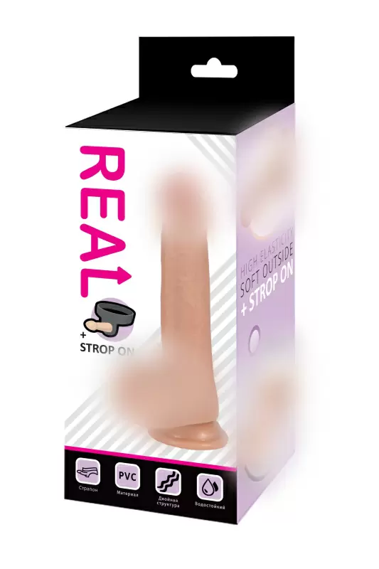 Реалистичный фаллоимитатор REAL, 23 см, с мошонкой, с трусиками для страпона, ПВХ, телесный
