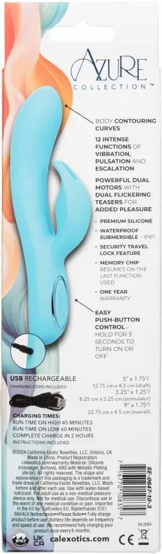 Изогнутый вибратор-кролик AZURE COLLECTION - BUNNY G, 22,8 см, силикон, голубой