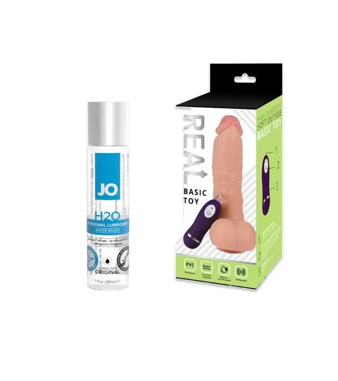 Реалистичный фаллоимитатор с вибрацией Real Basic с выносным пультом управления 21 см - телесный и Лубрикант на водной основе JO H2O Original – 30 мл
