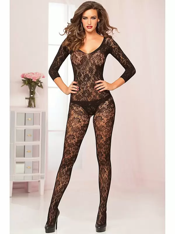 Кружевной кэтсьюит Seven’til Midnight с рукавами три четверти open-crotch – черный