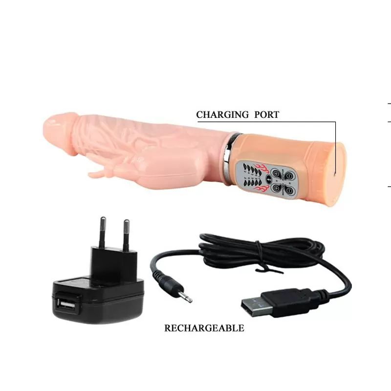 Перезаряжаемый вибромассажер двойного действия с ротацией и подогревом Fire Dragon – телесный