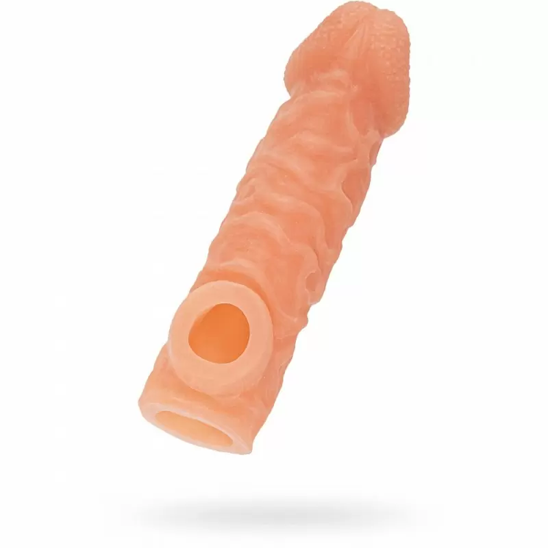 Реалистичная насадка на пенис  имитацией пирсинга и отверстием для мошонки «Cock sleeve» (большая), Kokos