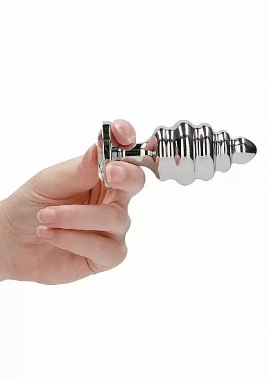 Ребристая серебряная анальная пробка с бриллиантовым кристаллом - 3,9см.