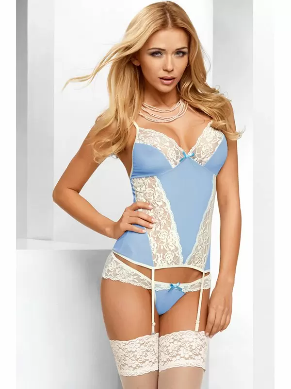 Обворожительный бело-голубой комплект Avanua Eden: корсаж и трусики – S/M